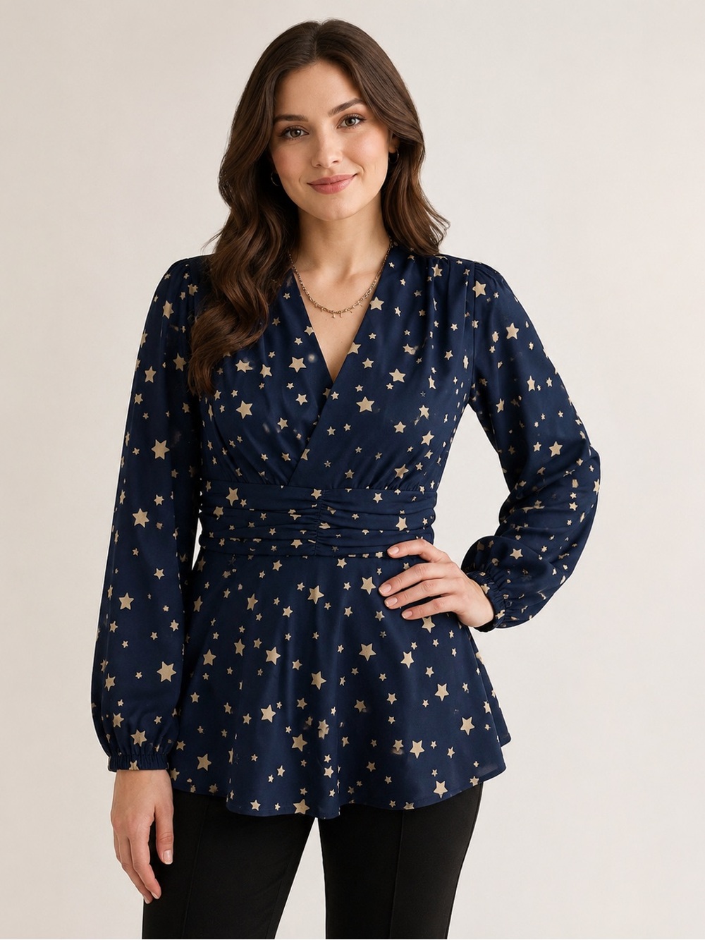 Eshakti Navy Celestial Star Print Pleated Peplum Blouse | Long Sleeve |